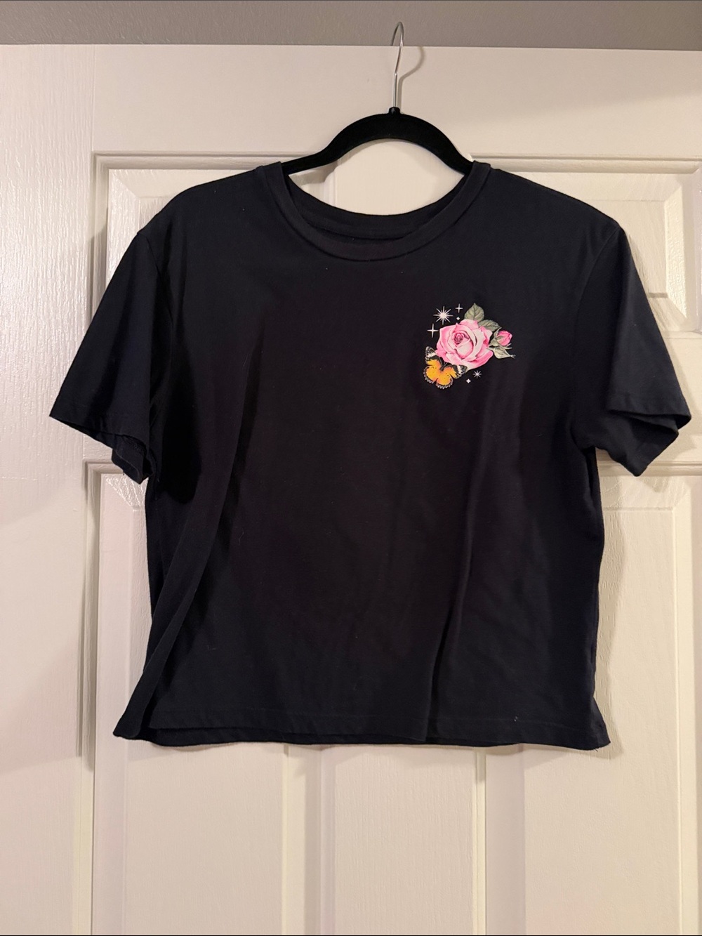 Black Tee with Pink Rose & Yellow Butterfly Graphic